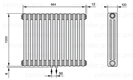 Схема (чертеж) Радиатор Zehnder Charleston 3100/14 №3470 Белый глянцевый RAL 9016